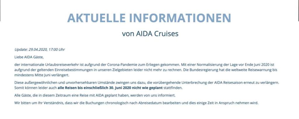 Aktuelles Statement (Stand 29.April 2020) - AIDA Cruises