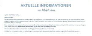 Aktuelles Statement (Stand 29.April 2020) - AIDA Cruises