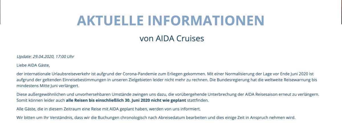 AIDA Cruises sagt nun alle Reisen bis 30.06.2020 ab