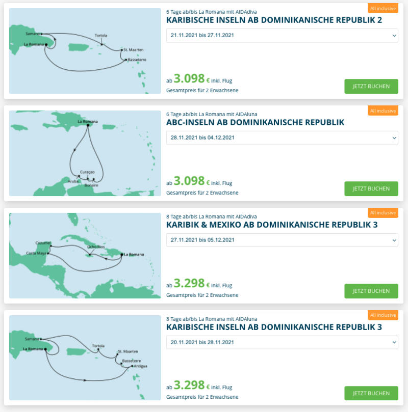 AIDA mit neuen 6 bis 9-tägigen Kreuzfahrten in der Karibik mit Dom. Rep und ABC-Inseln