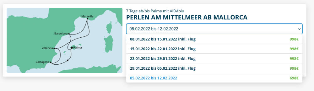 Angebote: 7 Tage „Perlen am Mittelmeer“ mit AIDAblu für 499 Euro p.P. inkl. Flug