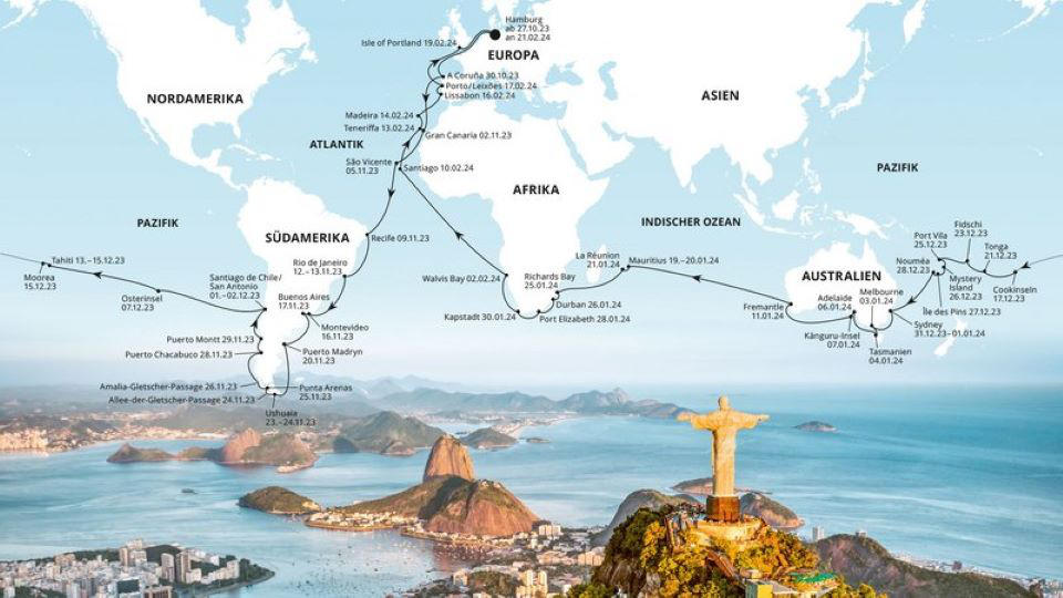 AIDA Weltreise 2023 mit aidasol Routenverlauf
