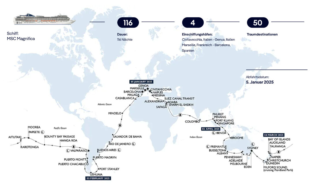 MSC World Cruise 2025 mit MSC Magnifica muss evtl. angepasst werden – Mögliche Routenänderung, Routenverlängerung und Entschädigung