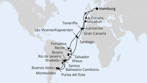Route von AIDAluna: 48 Tage von Hamburg zum Karneval nach Rio 2026