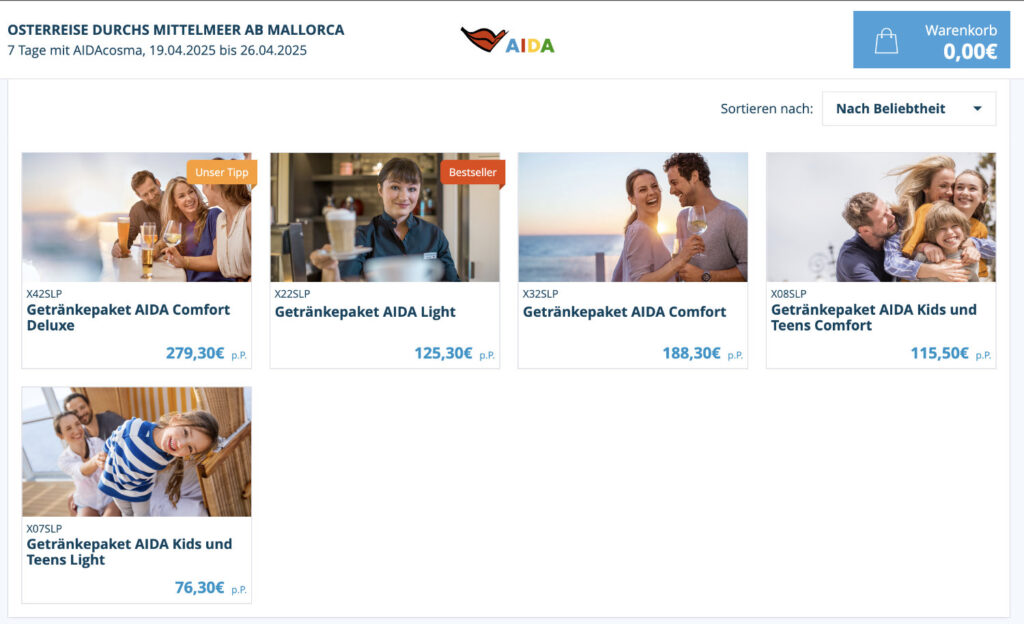 AIDA Cruises passt Preise der Getränkepakete an - Ab April 2025 2 Screenshot MyAIDA Getränkepreise ab April 2025