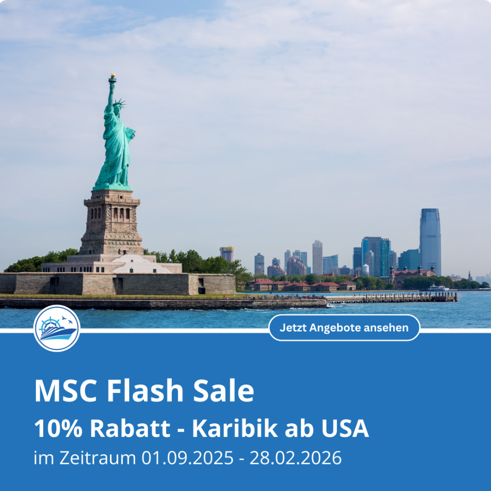 MSC Flash Sale: 10 Prozent Rabatt auf US-Abfahrten + bis zu 200 Euro Bordguthaben! 1 MSC Cruises - 10 Prozent Rabatt zum Unabhängigskeitstag