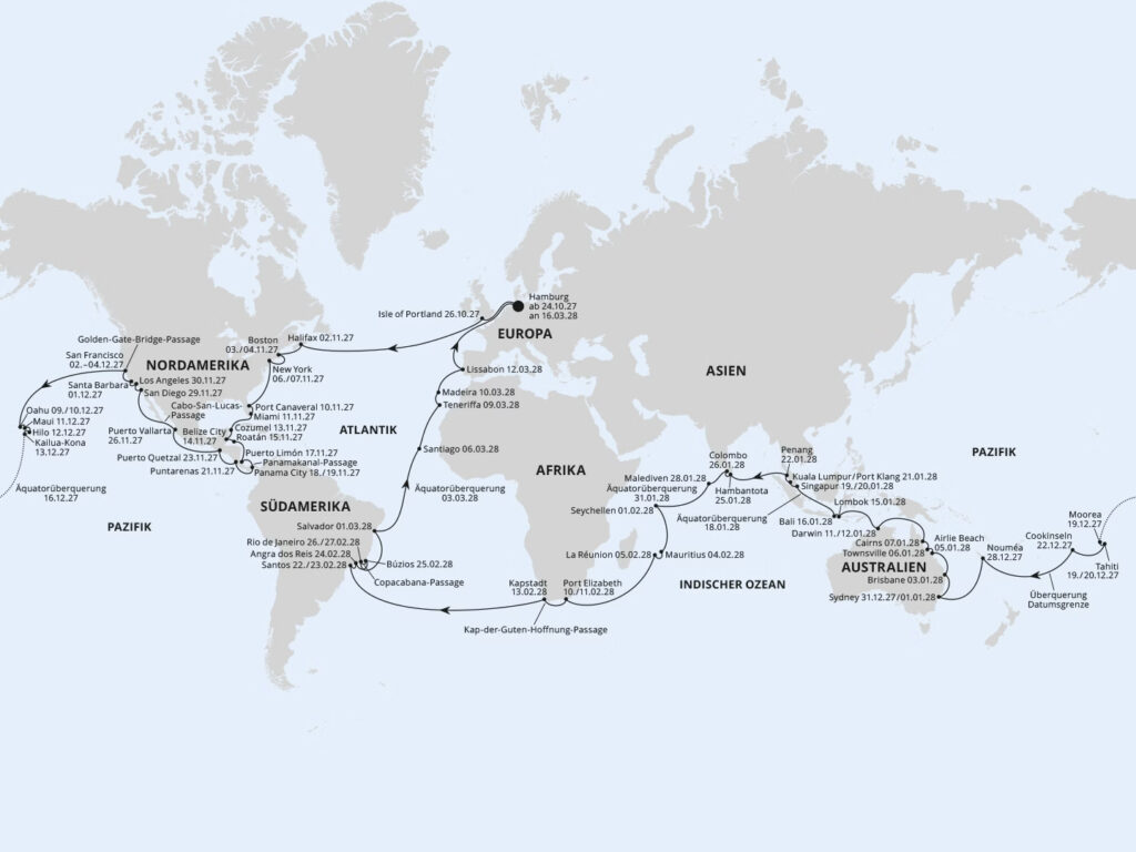 AIDA Weltreise 2027/2028 ist buchbar: 144 Tage mit AIDAdiva 2 AIDA Weltreise 2027-28 Routenkarte