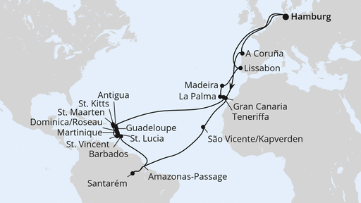 Neue Reise: 44 Tage AIDAmar Winterpause Karibik mit Amazonas 2027 ab Hamburg