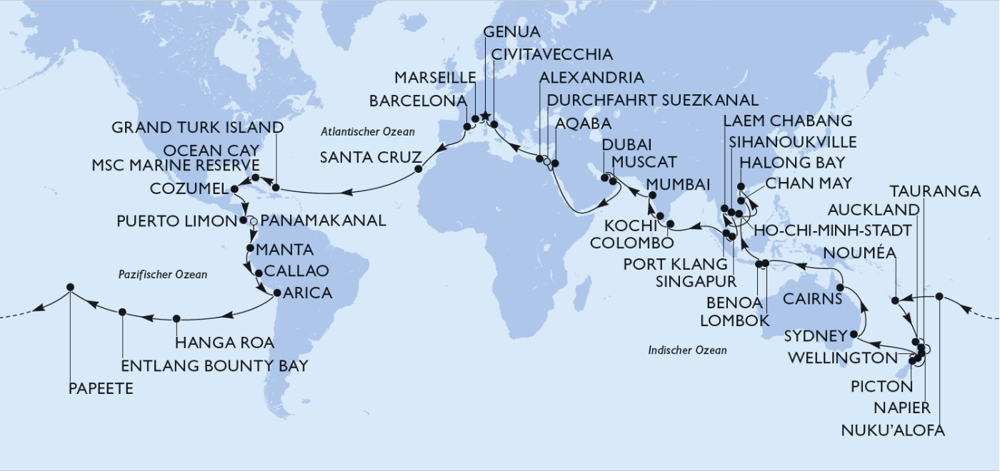 MSC World Cruise 2028 Route