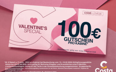 Costa Valentine Special 2026: bis zu 100 € pro Kabine sichern