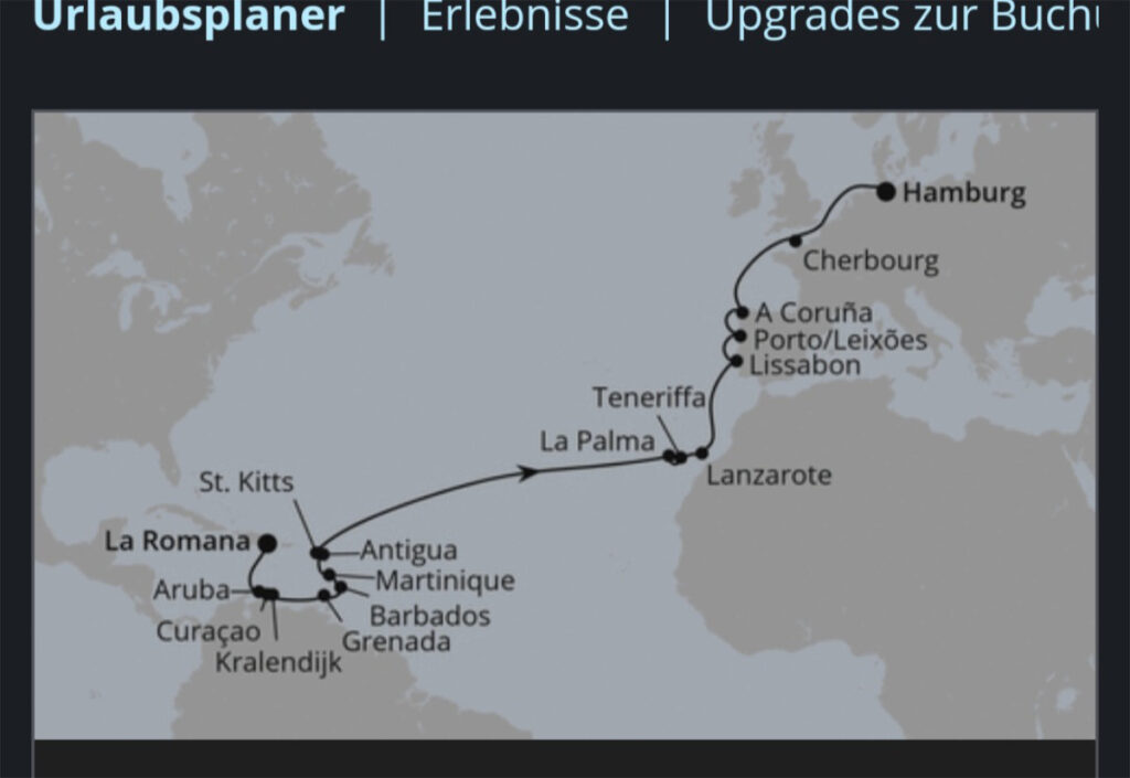Route AIDAperla ab La Romana bis Hamburg vom 26.02. – 25.03.2026