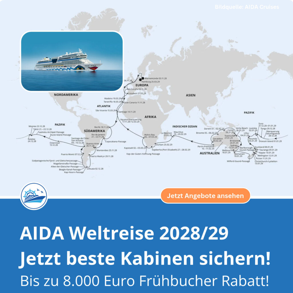 AIDA Weltreise 2028/2029: Jetzt Wunschkabine sichern 1 AIDA Weltreise 2028