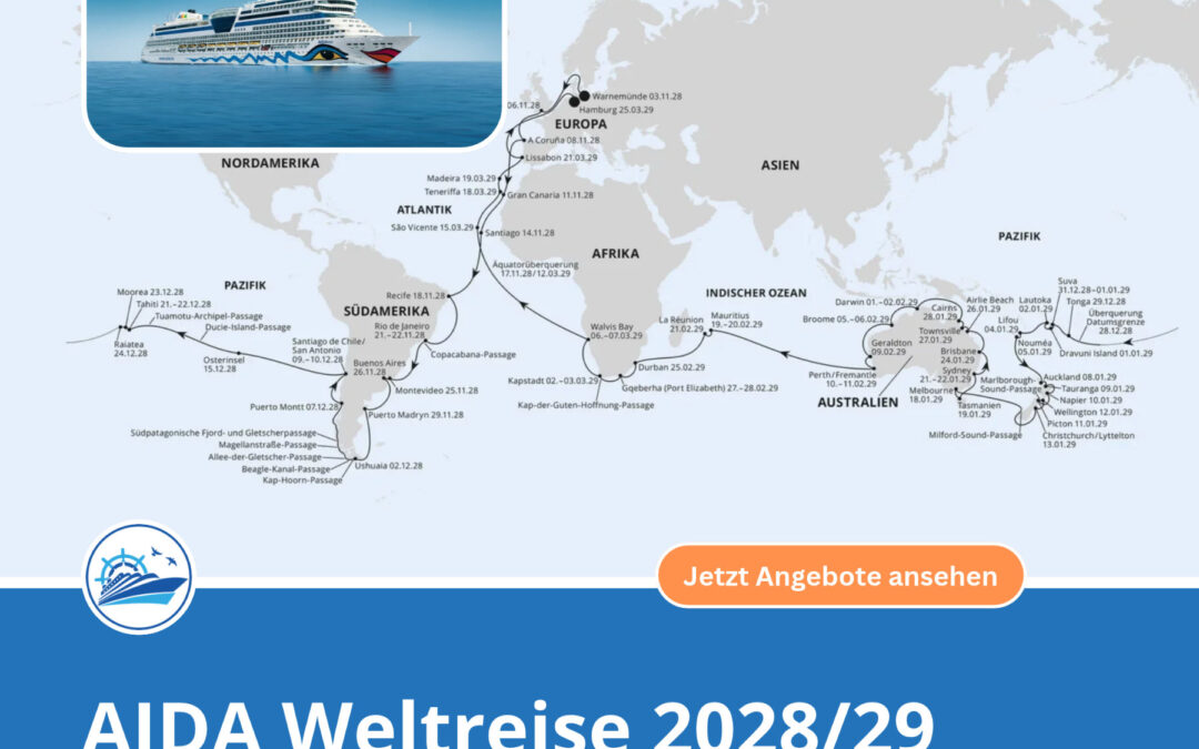 AIDA Weltreise 2028/2029: Jetzt Wunschkabine sichern